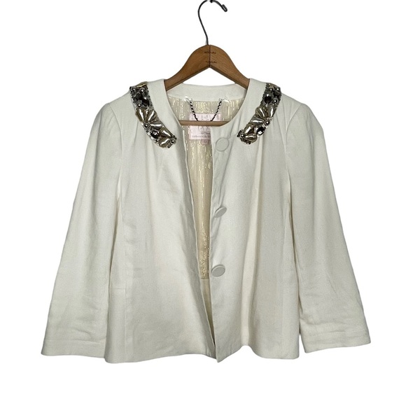 Rebecca Taylor | White Button Down Embellished Collar Linen Blend Jacket - Picture 6 of 12